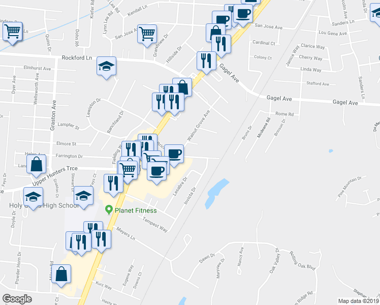 map of restaurants, bars, coffee shops, grocery stores, and more near 1623 Brick Kiln Lane in Louisville