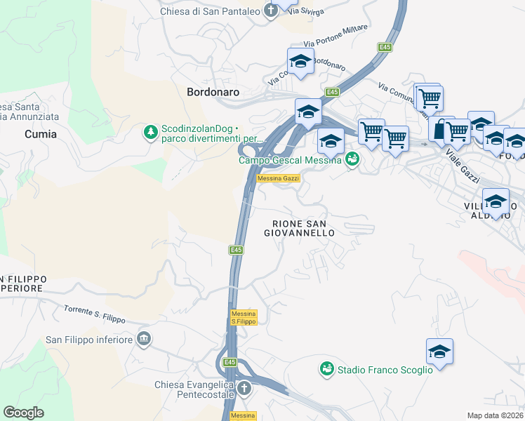 map of restaurants, bars, coffee shops, grocery stores, and more near 11 Strada Comunale Per San Giovannello in Messina