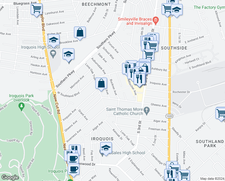 map of restaurants, bars, coffee shops, grocery stores, and more near 5326 Buckner Avenue in Louisville