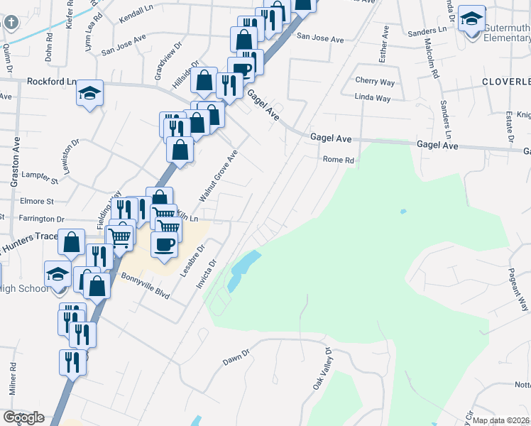 map of restaurants, bars, coffee shops, grocery stores, and more near 5628 Bruns Drive in Louisville