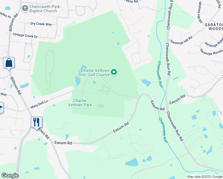 map of restaurants, bars, coffee shops, grocery stores, and more near Charlie Vettiner Park Road in Louisville