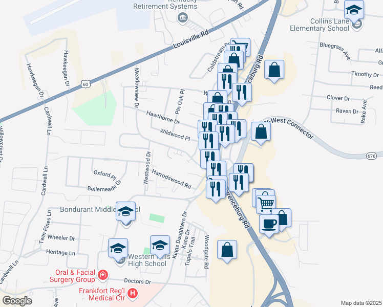 map of restaurants, bars, coffee shops, grocery stores, and more near 412 Ridgewood Lane in Frankfort