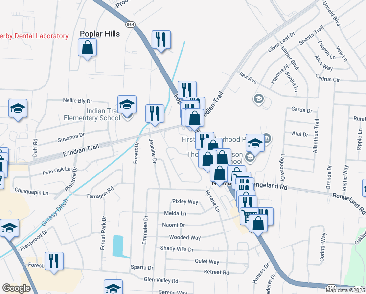 map of restaurants, bars, coffee shops, grocery stores, and more near 5400 Lodema Way in Louisville