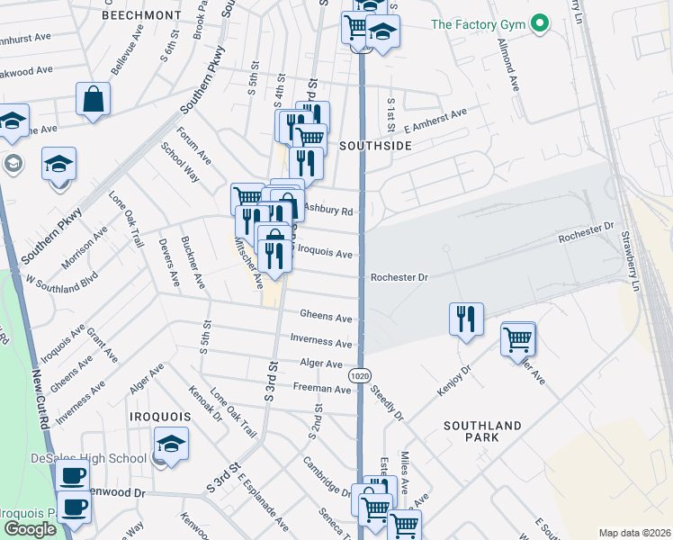 map of restaurants, bars, coffee shops, grocery stores, and more near 205 Iroquois Avenue in Louisville