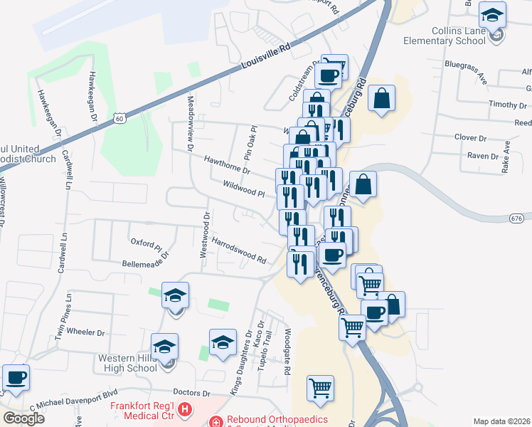 map of restaurants, bars, coffee shops, grocery stores, and more near 255 Meadowview Drive in Frankfort