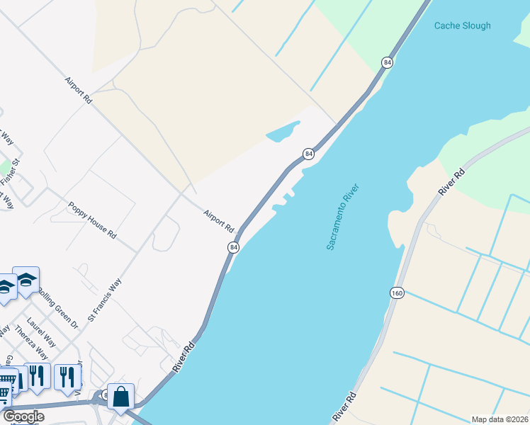 map of restaurants, bars, coffee shops, grocery stores, and more near 615 River Road in Rio Vista