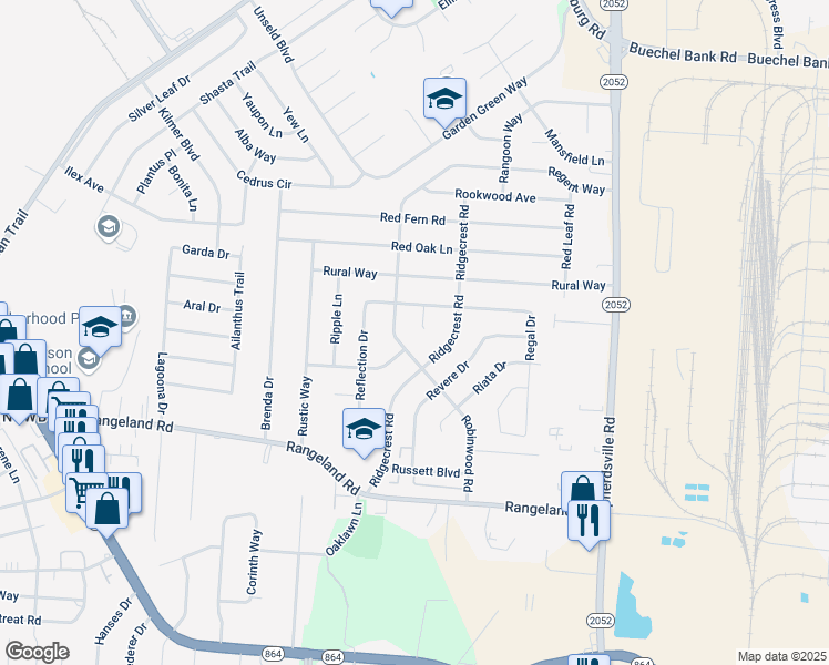 map of restaurants, bars, coffee shops, grocery stores, and more near 5114 Rosette Boulevard in Louisville