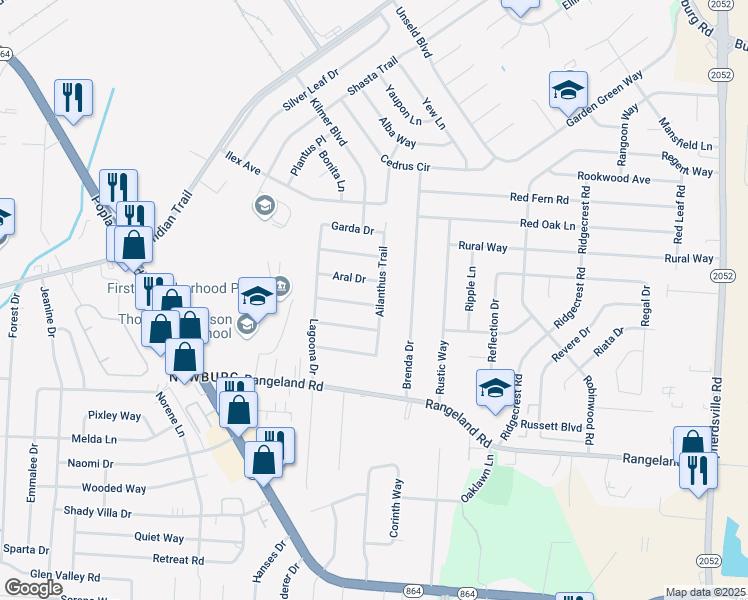 map of restaurants, bars, coffee shops, grocery stores, and more near 5513 Ailanthus Trail in Louisville
