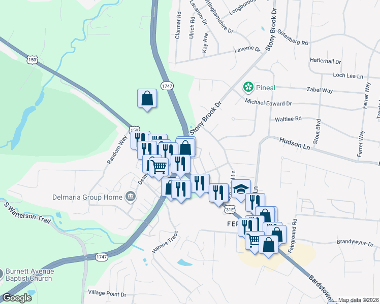map of restaurants, bars, coffee shops, grocery stores, and more near 5312 Poindexter Drive in Louisville