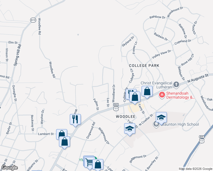map of restaurants, bars, coffee shops, grocery stores, and more near 1818 Shenandoah St in Staunton