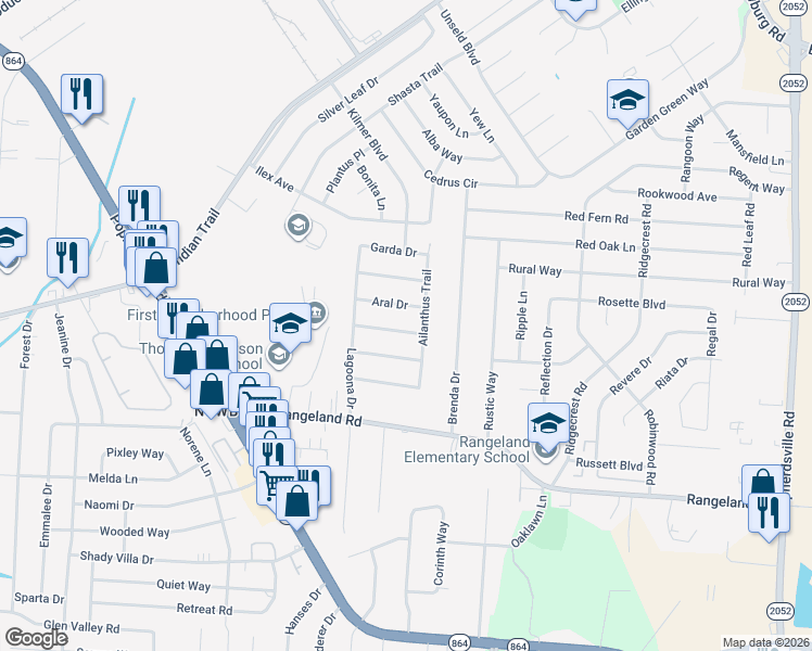 map of restaurants, bars, coffee shops, grocery stores, and more near 4510 Aral Drive in Louisville