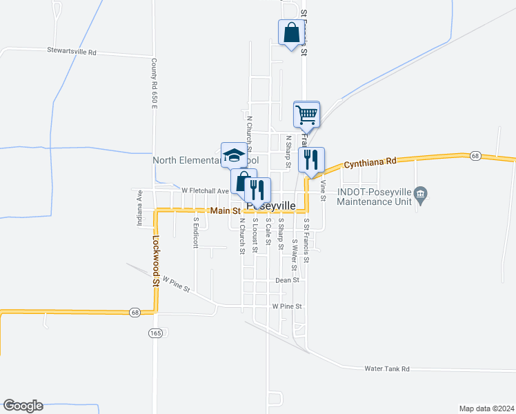 map of restaurants, bars, coffee shops, grocery stores, and more near 19 West Main Street in Poseyville