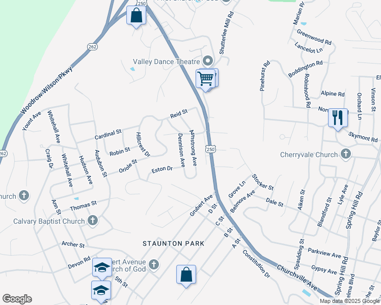 map of restaurants, bars, coffee shops, grocery stores, and more near 1502 Armstrong Avenue in Staunton