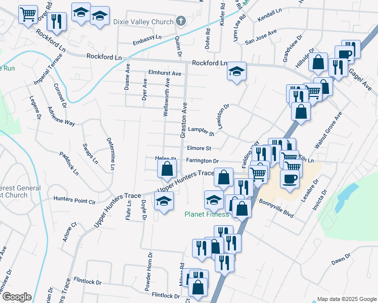 map of restaurants, bars, coffee shops, grocery stores, and more near 2201 Elmore Street in Louisville