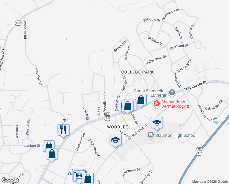 map of restaurants, bars, coffee shops, grocery stores, and more near 34 College Cir in Staunton