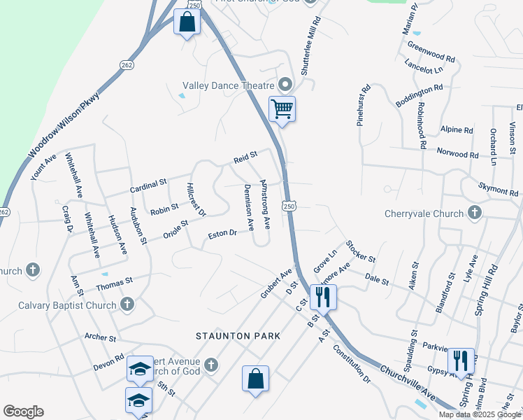 map of restaurants, bars, coffee shops, grocery stores, and more near 1502 Armstrong Avenue in Staunton