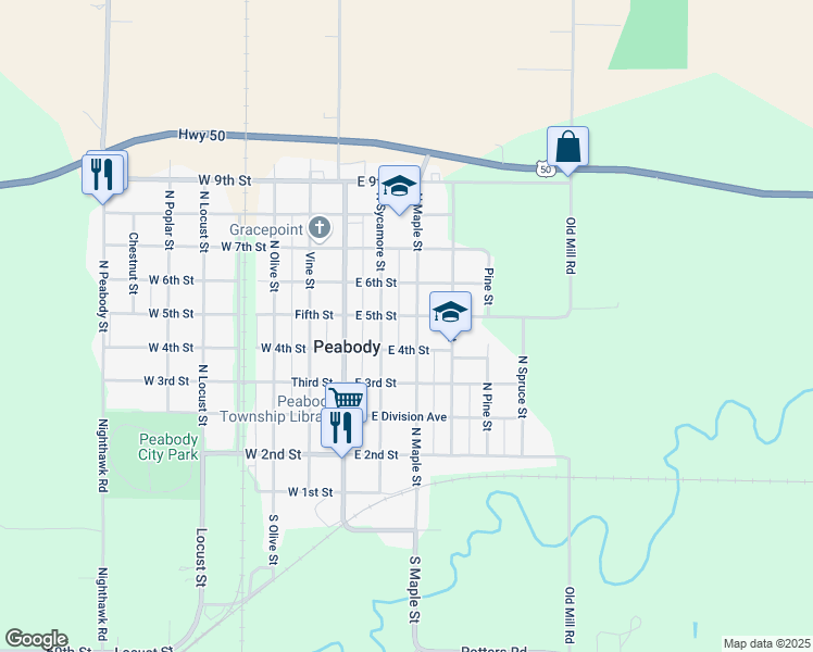 map of restaurants, bars, coffee shops, grocery stores, and more near 601 North Maple Street in Peabody