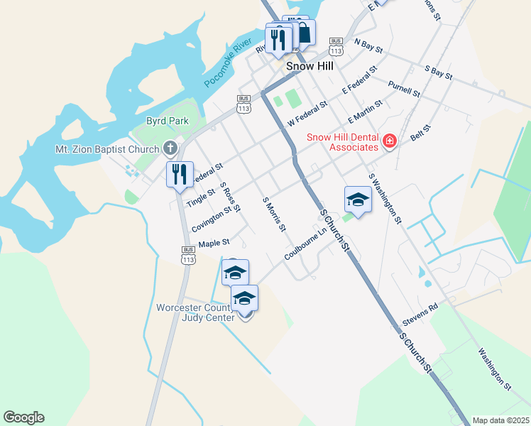 map of restaurants, bars, coffee shops, grocery stores, and more near 208 South Morris Street in Snow Hill