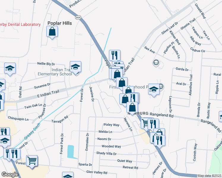 map of restaurants, bars, coffee shops, grocery stores, and more near 5400 Lodema Way in Louisville