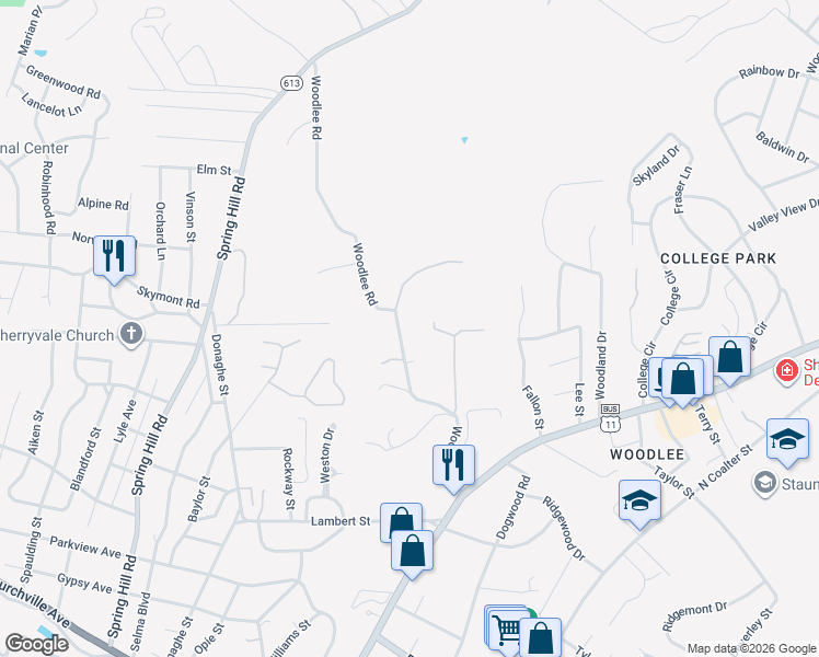 map of restaurants, bars, coffee shops, grocery stores, and more near 98 Trace Circle in Staunton