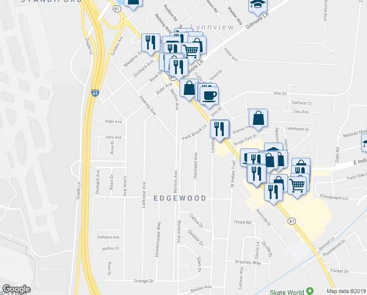 map of restaurants, bars, coffee shops, grocery stores, and more near 5503 Norton Avenue in Louisville