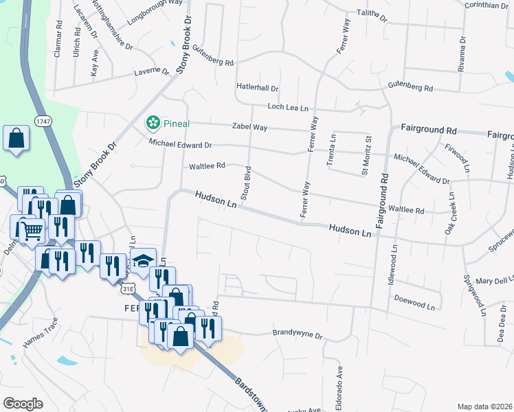 map of restaurants, bars, coffee shops, grocery stores, and more near 8905 Hudson Lane in Louisville