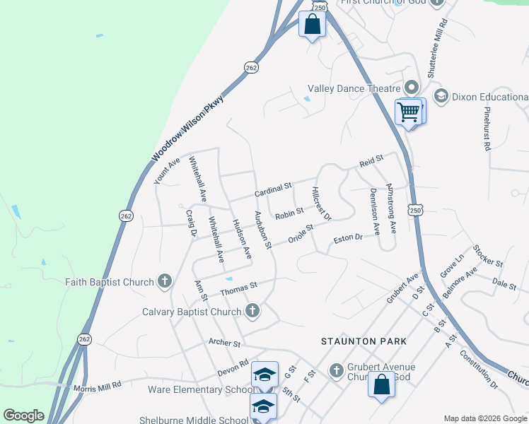 map of restaurants, bars, coffee shops, grocery stores, and more near 521 Robin St in Staunton