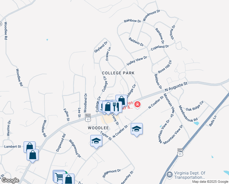 map of restaurants, bars, coffee shops, grocery stores, and more near 33 Shannon Place in Staunton