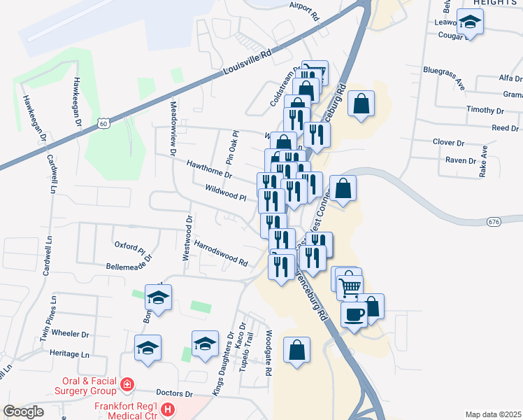 map of restaurants, bars, coffee shops, grocery stores, and more near 412 Ridgewood Lane in Frankfort