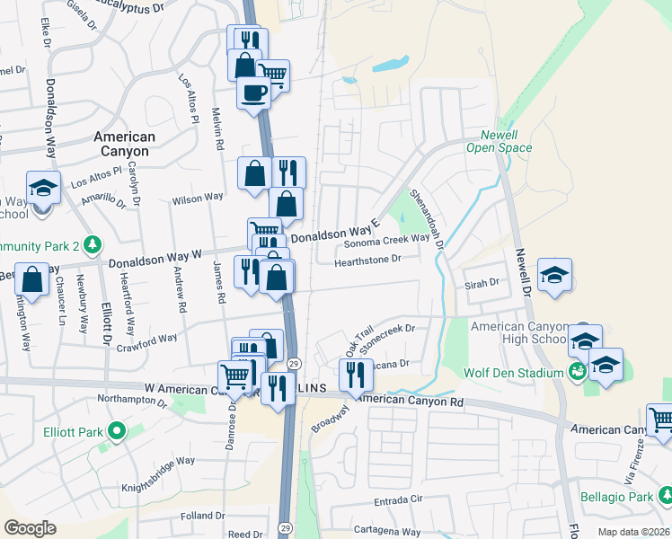 map of restaurants, bars, coffee shops, grocery stores, and more near 175 Hearthstone Drive in American Canyon