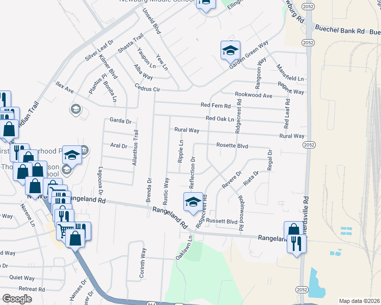 map of restaurants, bars, coffee shops, grocery stores, and more near 5502 Reflection Drive in Louisville