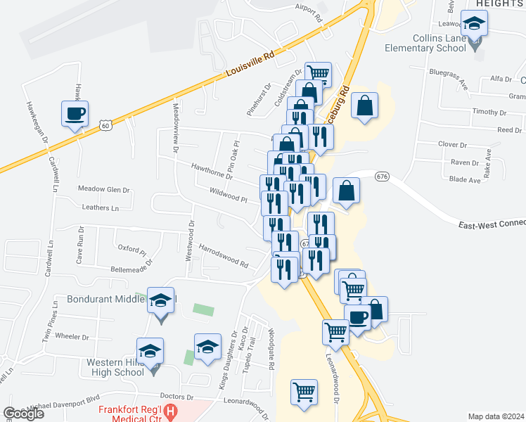 map of restaurants, bars, coffee shops, grocery stores, and more near 415 Ridgewood Lane in Frankfort