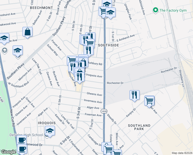 map of restaurants, bars, coffee shops, grocery stores, and more near 205 Iroquois Avenue in Louisville