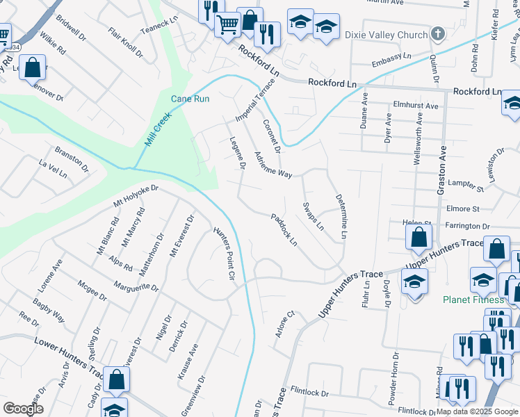 map of restaurants, bars, coffee shops, grocery stores, and more near 2515 Paddock Lane in Louisville
