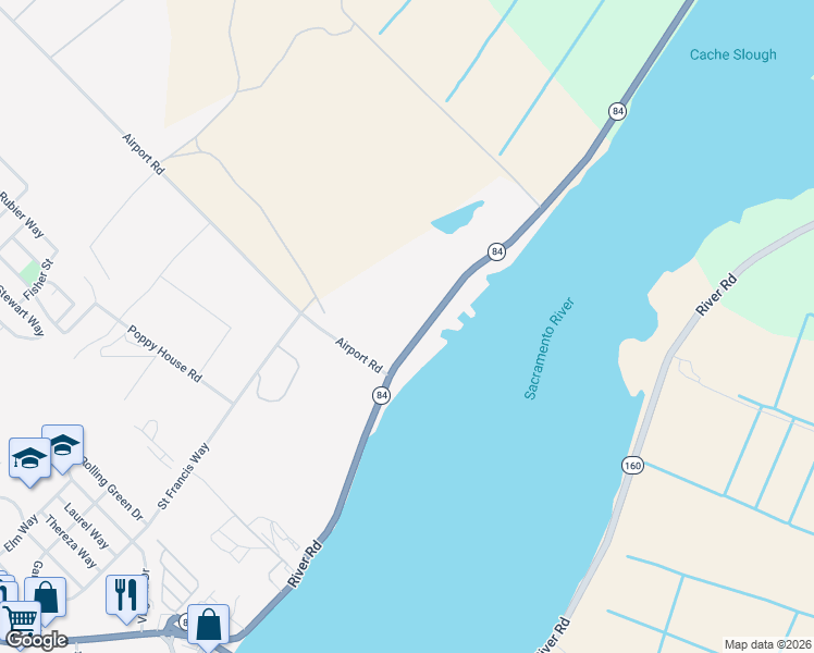 map of restaurants, bars, coffee shops, grocery stores, and more near 590 Airport Road in Rio Vista