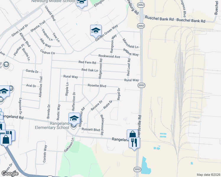 map of restaurants, bars, coffee shops, grocery stores, and more near 5214 Rosette Boulevard in Louisville