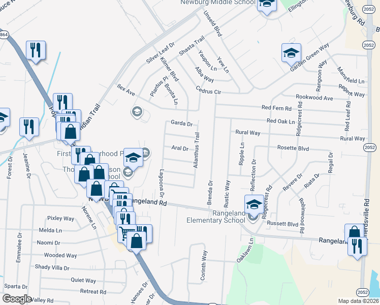 map of restaurants, bars, coffee shops, grocery stores, and more near 5513 Ailanthus Trail in Louisville