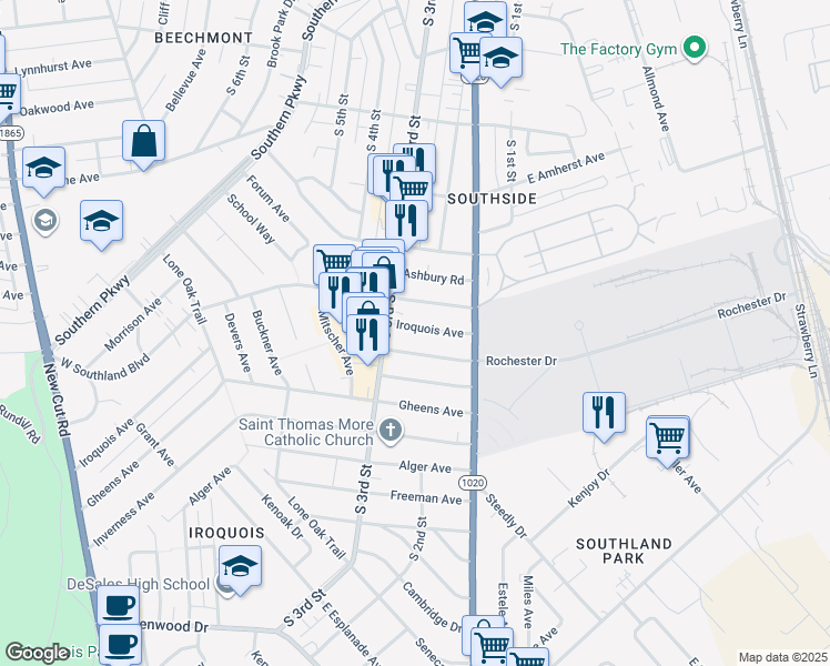 map of restaurants, bars, coffee shops, grocery stores, and more near 224 Iroquois Avenue in Louisville