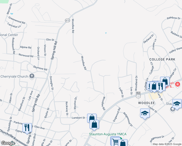 map of restaurants, bars, coffee shops, grocery stores, and more near 101 Woodlee Road in Staunton
