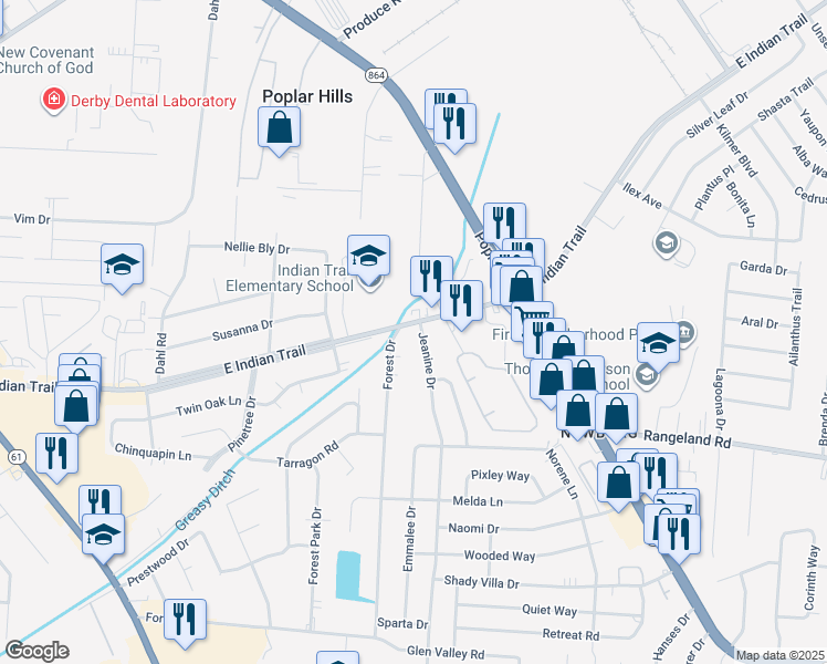 map of restaurants, bars, coffee shops, grocery stores, and more near 5500 Jeanine Drive in Louisville
