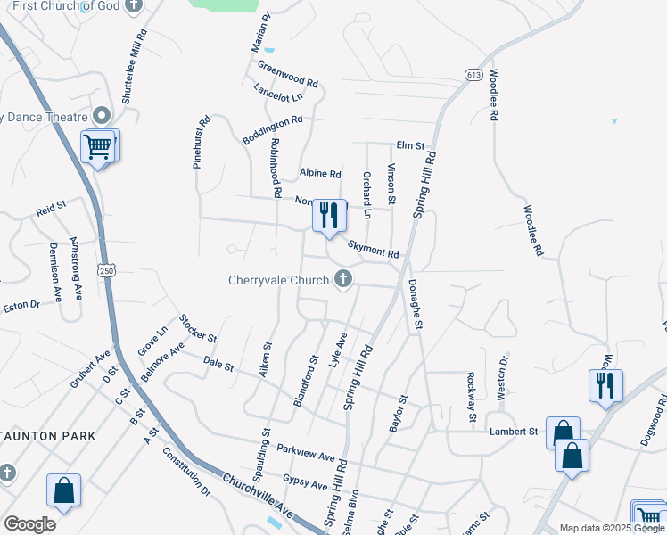 map of restaurants, bars, coffee shops, grocery stores, and more near 812 Westover Drive in Staunton