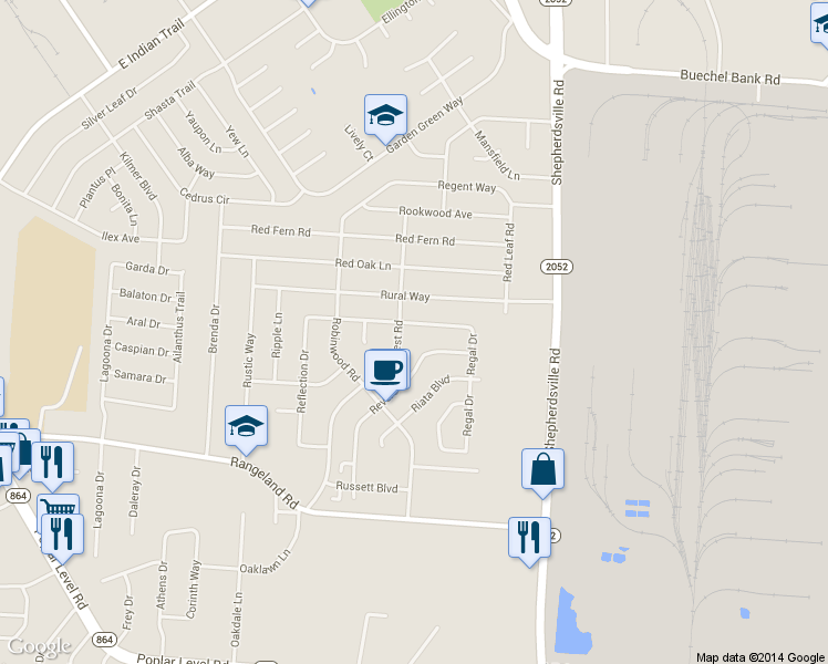 map of restaurants, bars, coffee shops, grocery stores, and more near 5204 Rosette Blvd in Louisville