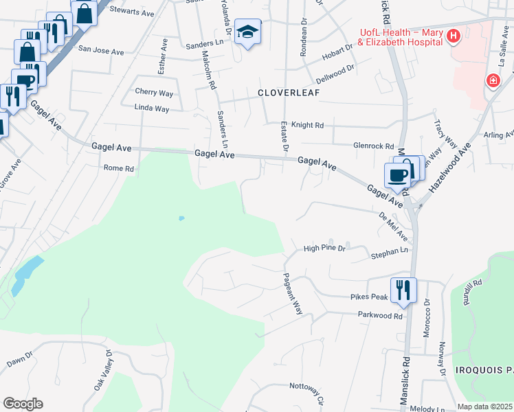map of restaurants, bars, coffee shops, grocery stores, and more near 2814 De Mel Avenue in Louisville