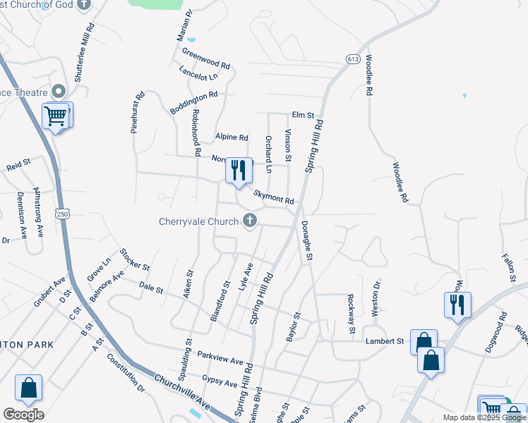 map of restaurants, bars, coffee shops, grocery stores, and more near 802 Westover Drive in Staunton