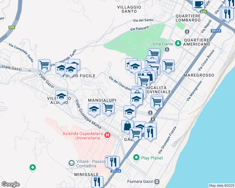 map of restaurants, bars, coffee shops, grocery stores, and more near 25 Via 40 D in Messina