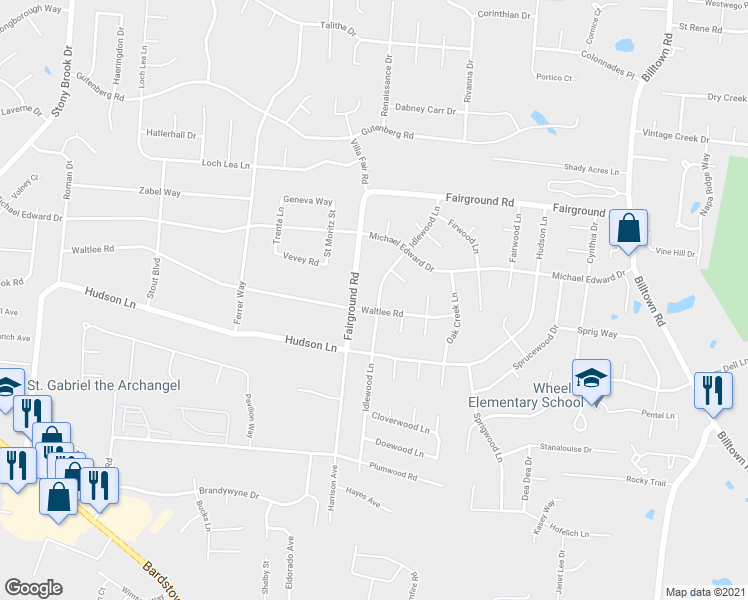 map of restaurants, bars, coffee shops, grocery stores, and more near 5312 Idlewood Lane in Louisville