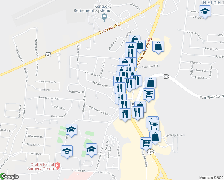 map of restaurants, bars, coffee shops, grocery stores, and more near 412 Ridgewood Lane in Frankfort