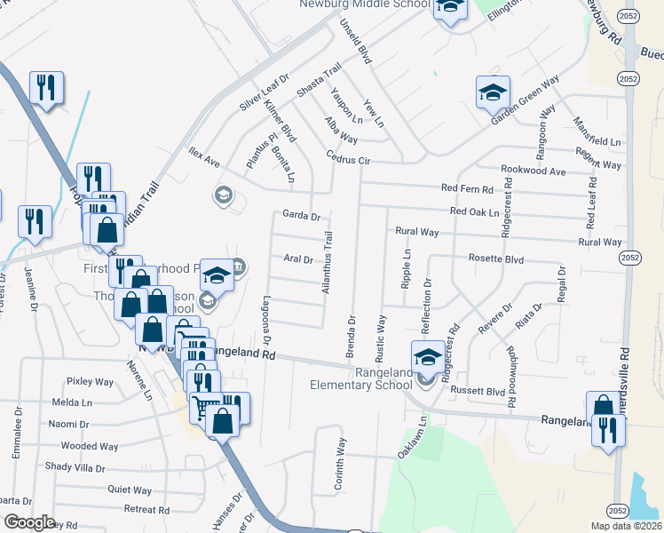 map of restaurants, bars, coffee shops, grocery stores, and more near 5513 Ailanthus Trail in Louisville
