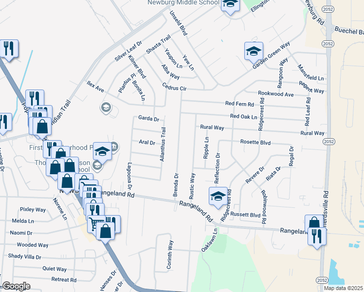 map of restaurants, bars, coffee shops, grocery stores, and more near 4853 Brenda Drive in Louisville