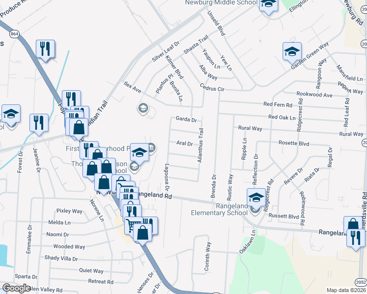 map of restaurants, bars, coffee shops, grocery stores, and more near 4510 Aral Drive in Louisville